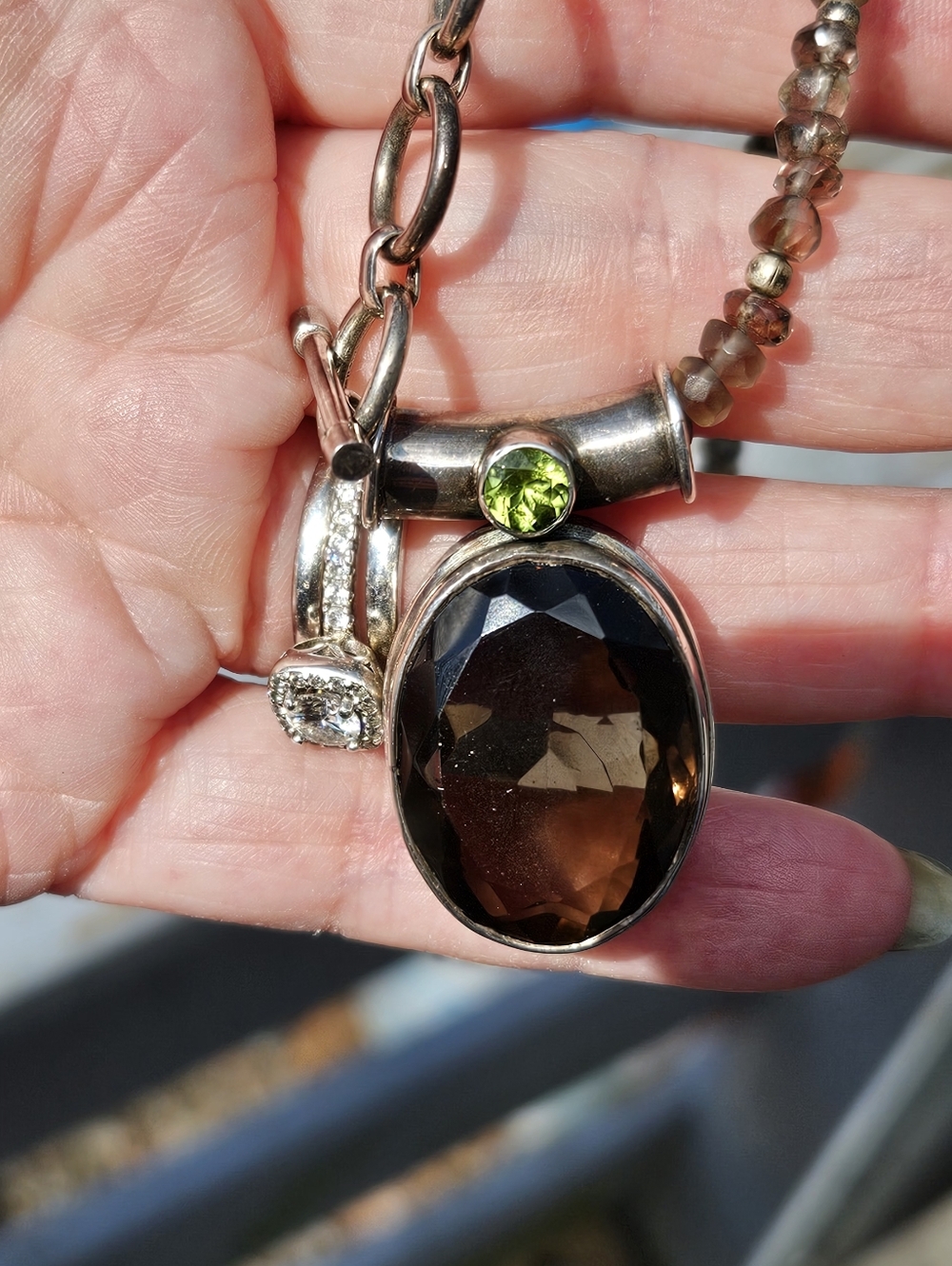 Sterling Silver Dark Quart  and Peridot Pendant Necklace - Women Jewelry